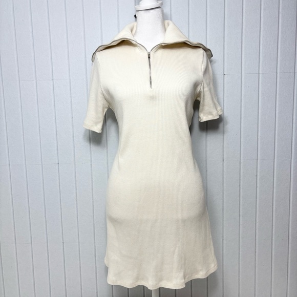 ZARA Sweater Dress Ivory Short Sleeves Quarter Zip Ribbed Knit Size Size M - Picture 9 of 11